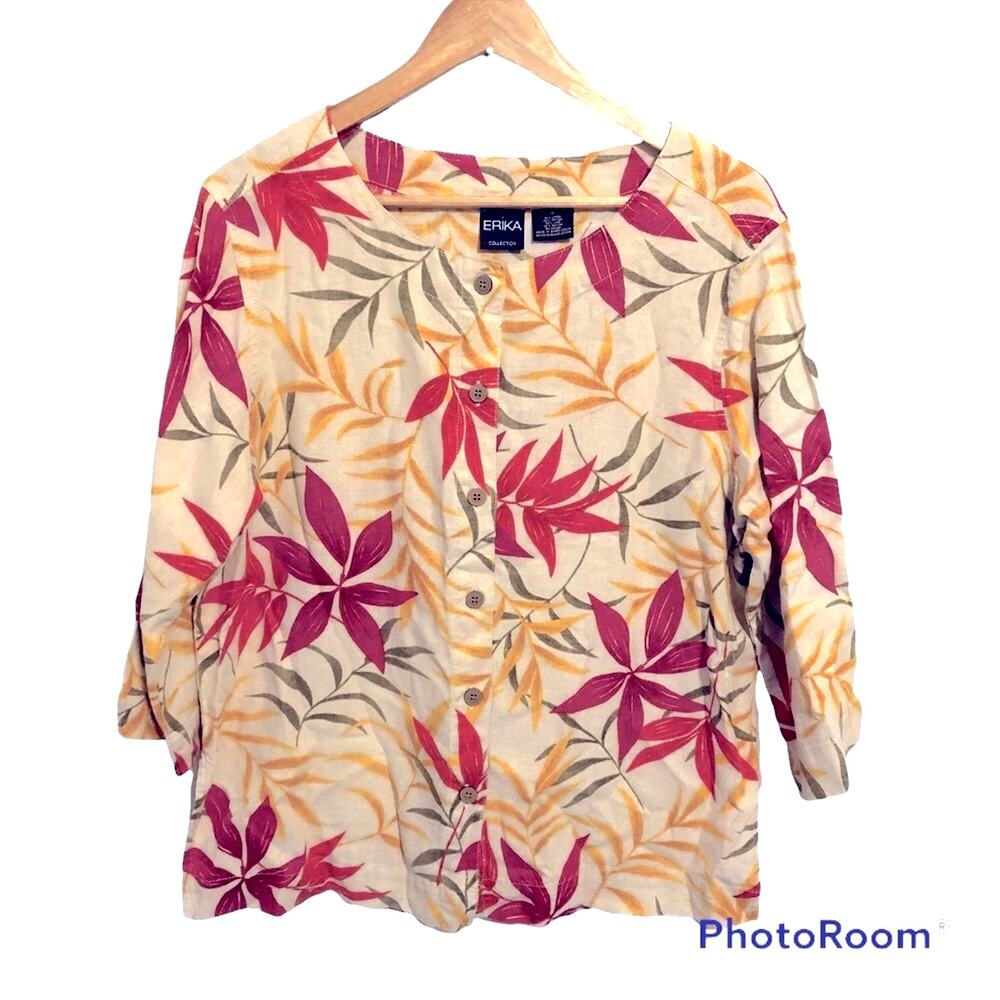 VTG Erika Linen Shirt Women’s Oversized Small Boxy Button Down Floral Lagenlook